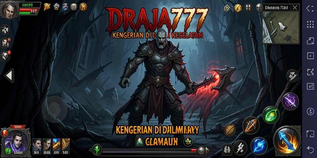 Tampilan gameplay <strong>DRAJA777</strong> yang menyeramkan dan mendebarkan saat menjelajahi lokasi gelap.