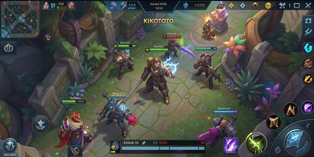 Tangkapan layar gameplay KIKOTOTO yang menunjukkan aksi seru dalam pertarungan MOBA.