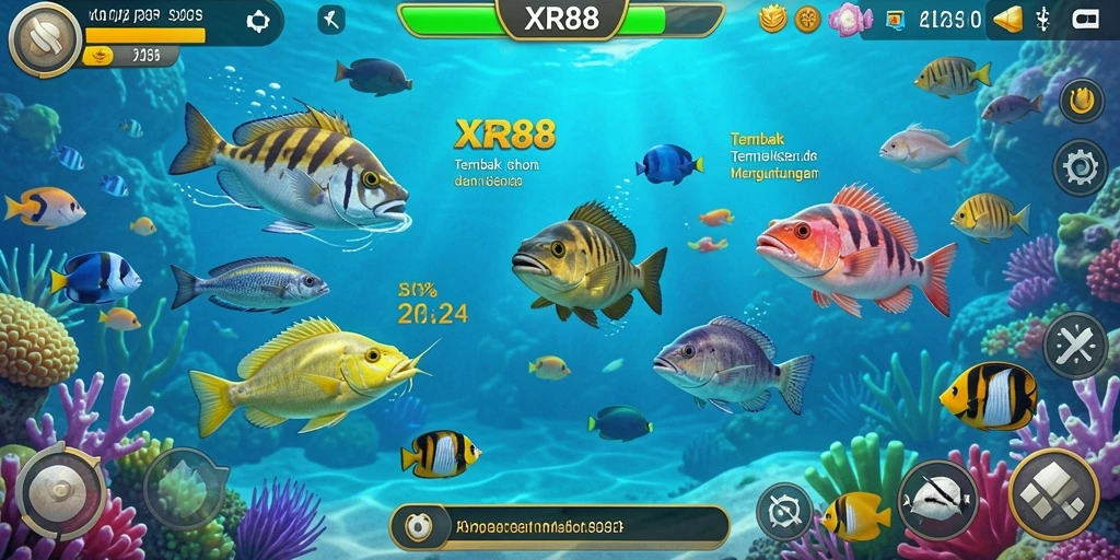 Screenshot gameplay XR88 yang menampilkan aksi memancing ikan.
